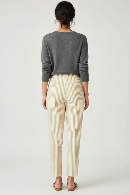 Pantalon À Pince Rayé Beige Décontracté Tapered Femme - Lin - vue 2