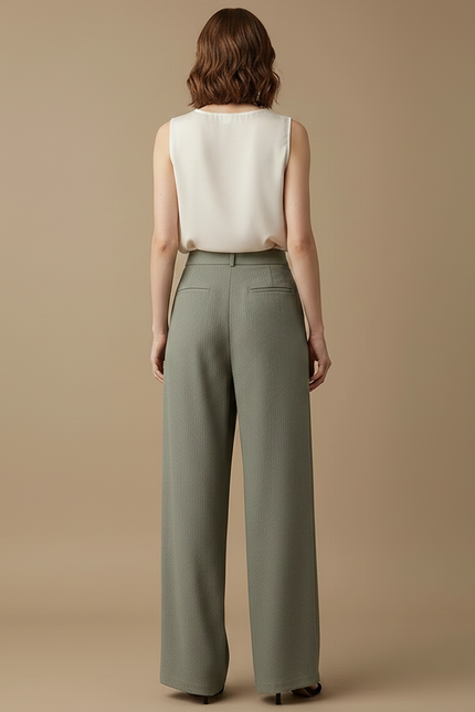 Pantalon À Pince Vert Kaki Fluide Plissé Décontracté Femme - Viscose - vue 2