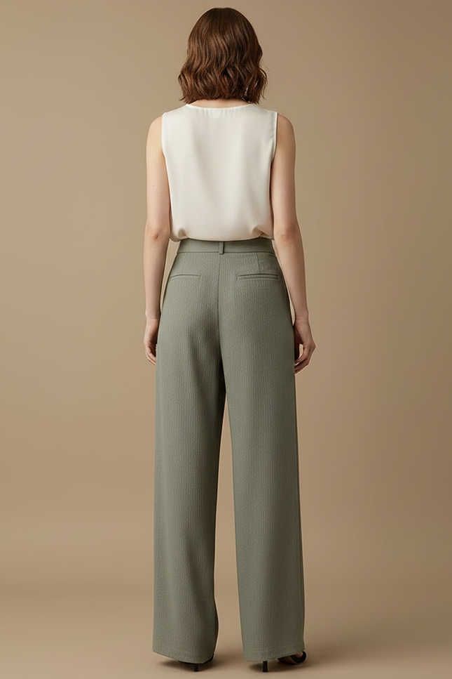 Pantalon À Pince Vert Kaki Fluide Plissé Décontracté Femme - Viscose - vue 2