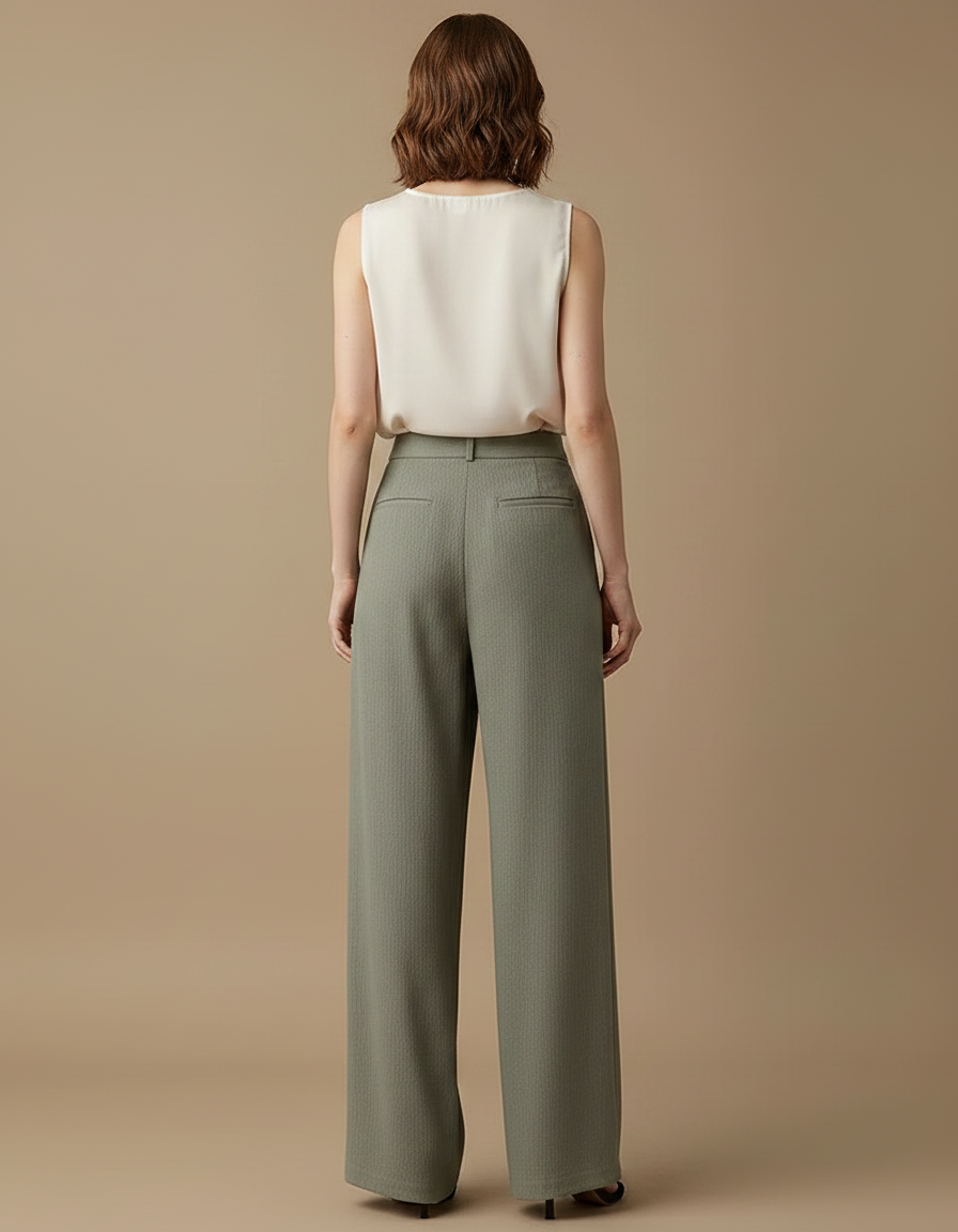 Pantalon À Pince Vert Kaki Fluide Plissé Décontracté Femme - Viscose - vue 2