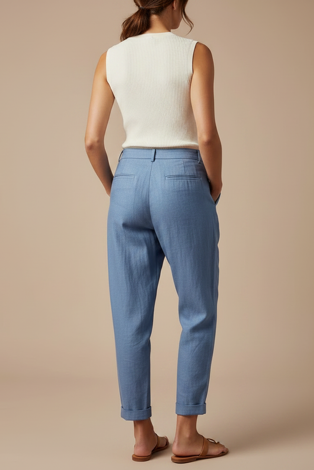 Pantalon À Pince Bleu Ciel Lin Coton Plissé Décontracté - vue 2