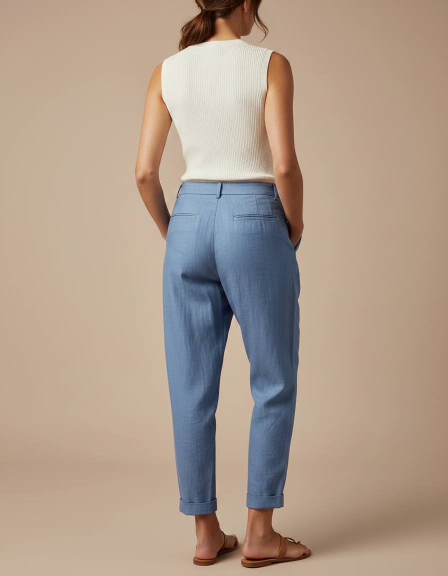 Pantalon À Pince Bleu Ciel Lin Coton Plissé Décontracté - vue 2
