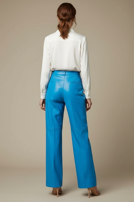 Pantalon À Pince Bleu Cuir Taille Haute Large - vue 2