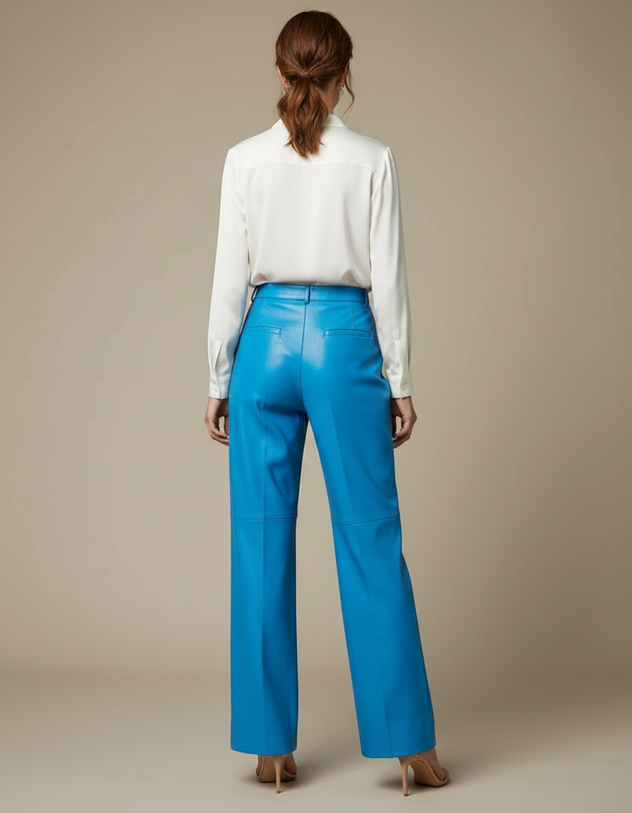 Pantalon À Pince Bleu Cuir Taille Haute Large - vue 2