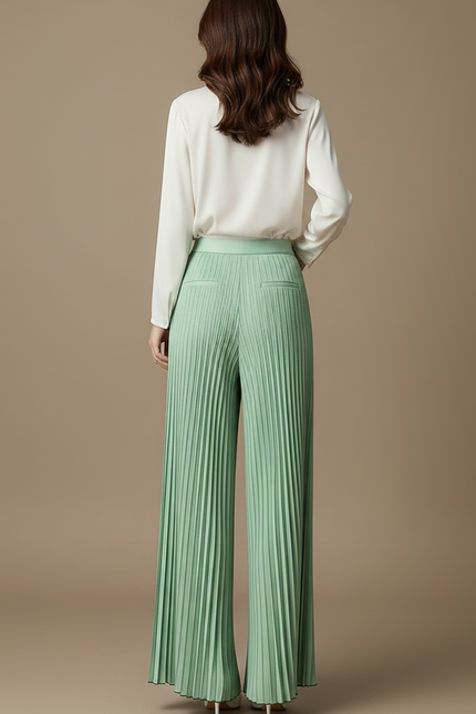 Pantalon À Pince Plissé Vert Menthe Fluide Ample - Polyester - vue 2