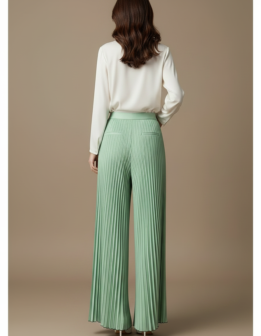Pantalon À Pince Plissé Vert Menthe Fluide Ample - Polyester - vue 2