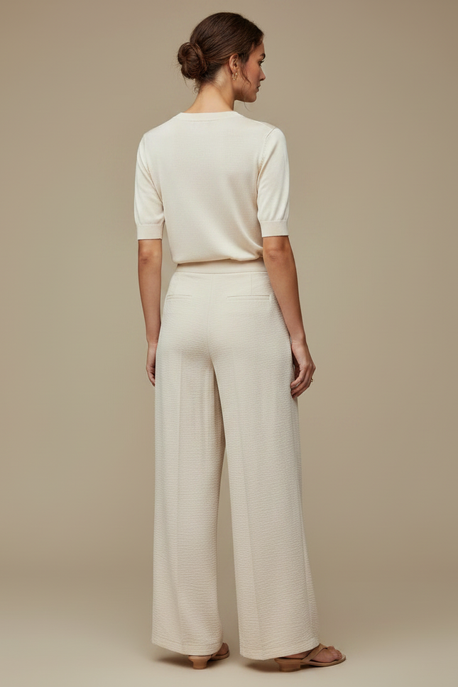 Pantalon À Pince Crème Plissé Ample Fluide Élégant - Beige Viscose - vue 2