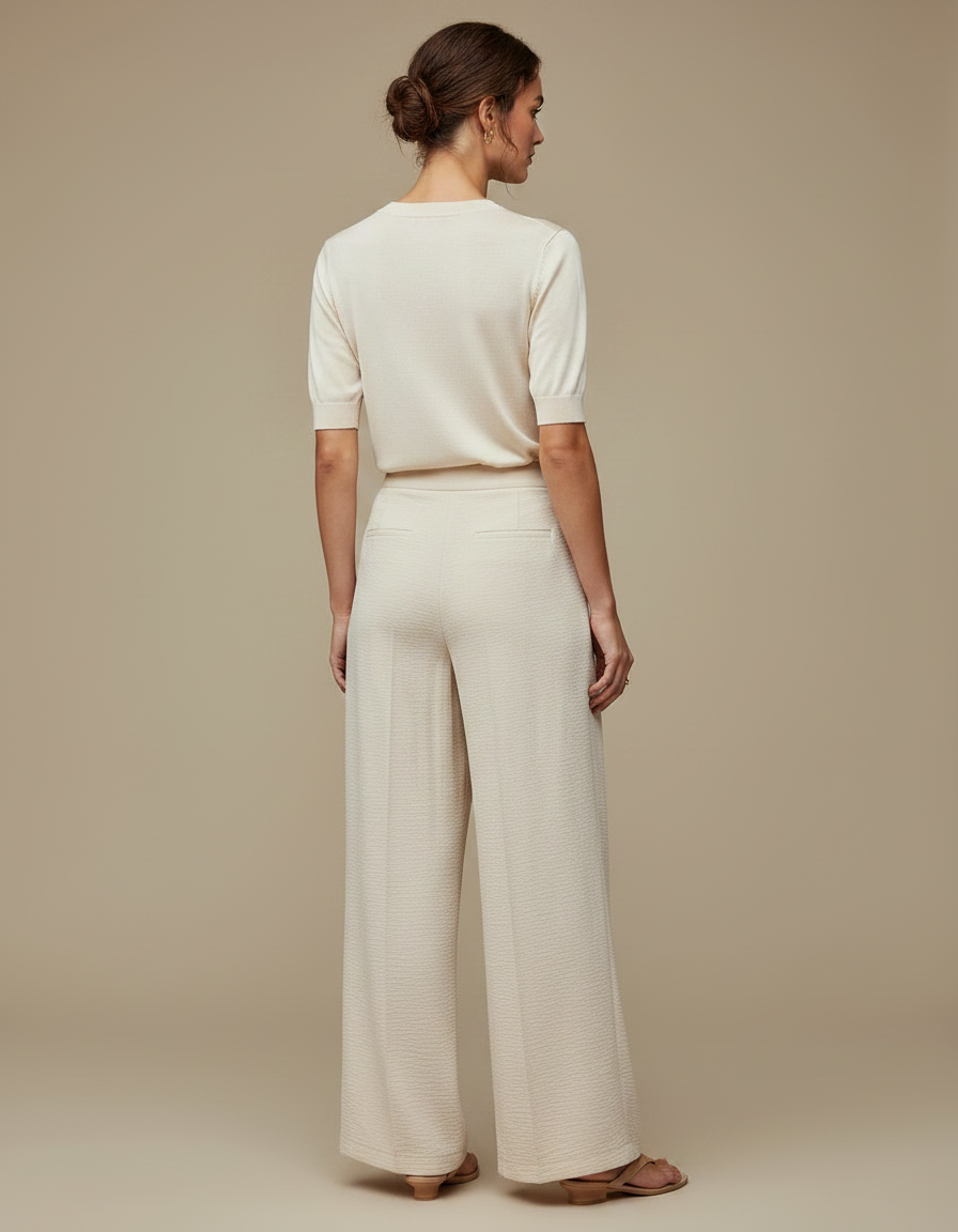 Pantalon À Pince Crème Plissé Ample Fluide Élégant - Beige Viscose - vue 2
