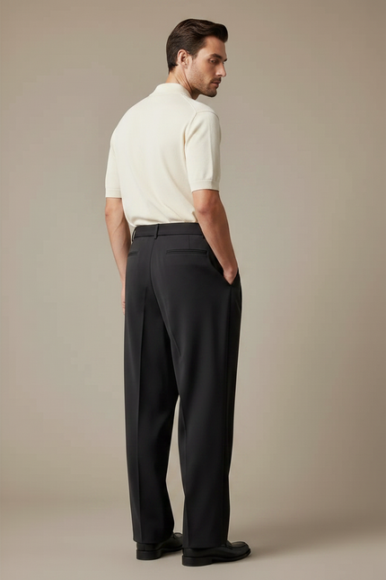 Pantalon À Pince Noir Plissé Ample Ceinturé Élégant Homme - Polyester - vue 2