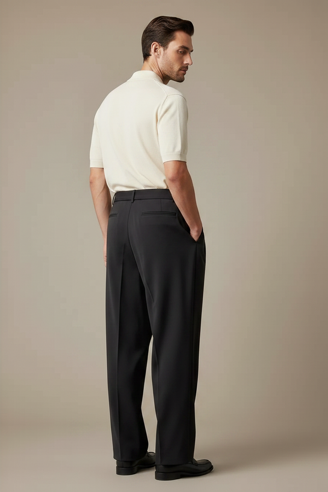 Pantalon À Pince Noir Plissé Ample Ceinturé Élégant Homme - Polyester - vue 2