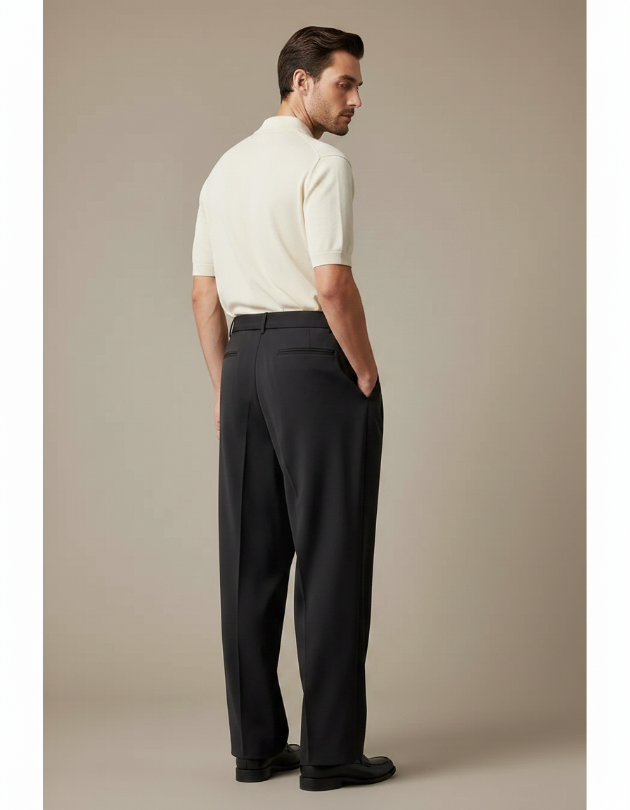 Pantalon À Pince Noir Plissé Ample Ceinturé Élégant Homme - Polyester - vue 2