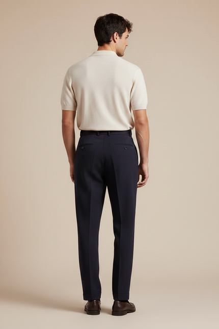 Pantalon À Pince Bleu Marine Plissé Laine Élégant Droit - vue 2