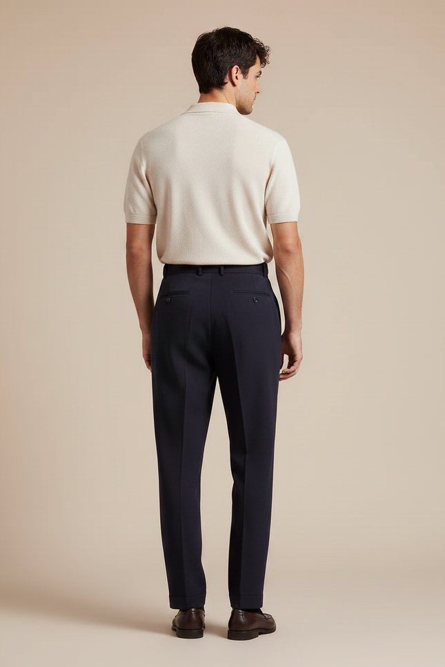 Pantalon À Pince Bleu Marine Plissé Laine Élégant Droit - vue 2
