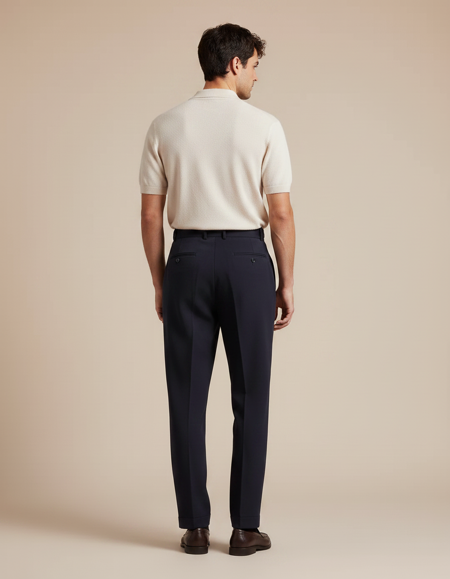 Pantalon À Pince Bleu Marine Plissé Laine Élégant Droit - vue 2