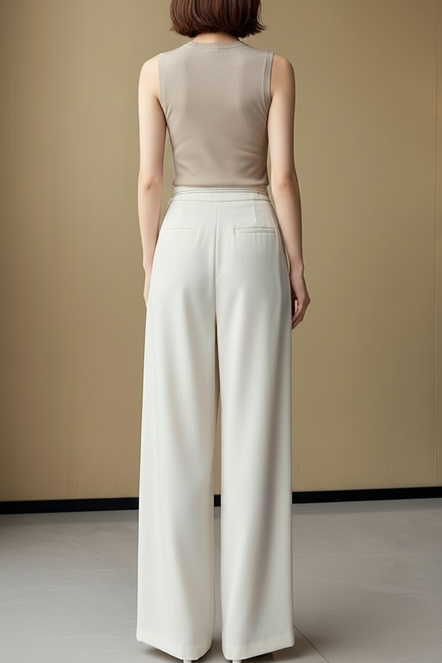 Pantalon À Pince Blanc Cassé Plissé Ample Fluide - Beige Polyester - vue 2