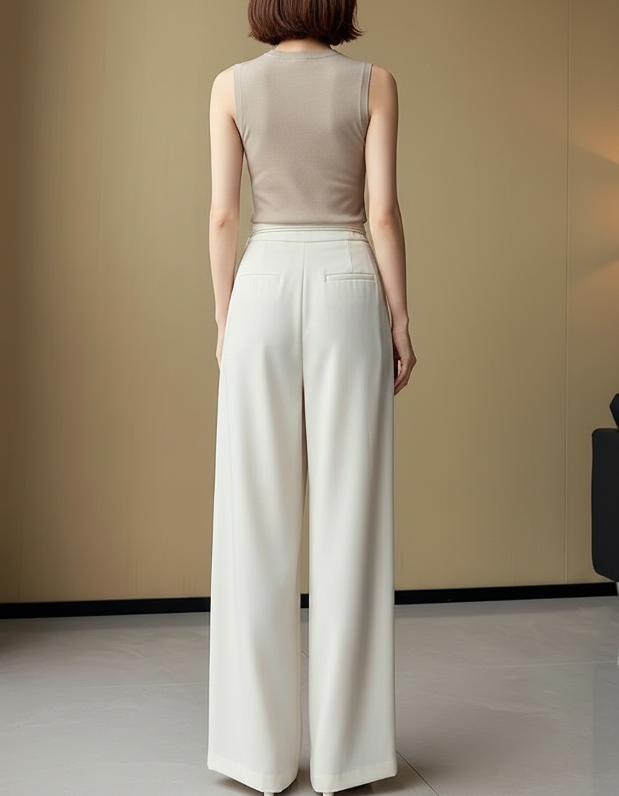 Pantalon À Pince Blanc Cassé Plissé Ample Fluide - Beige Polyester - vue 2