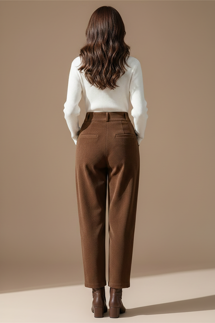 Pantalon À Pince Marron Velours Côtelé Ample Élégant Femme - Cordé - vue 2