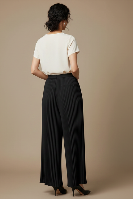 Pantalon À Pince Noir Plissé Fluide Ample Élégant - Polyester - vue 2