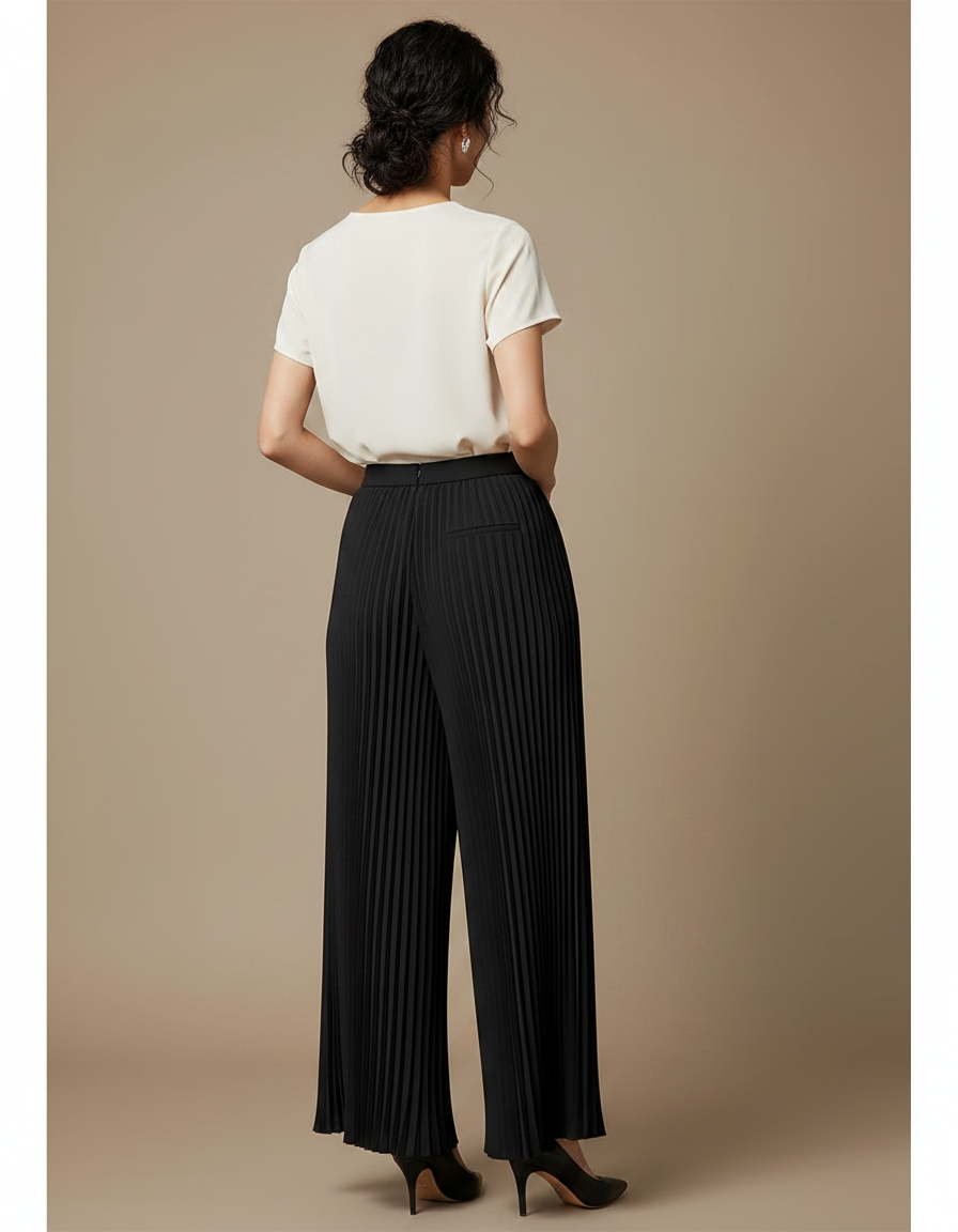 Pantalon À Pince Noir Plissé Fluide Ample Élégant - Polyester - vue 2