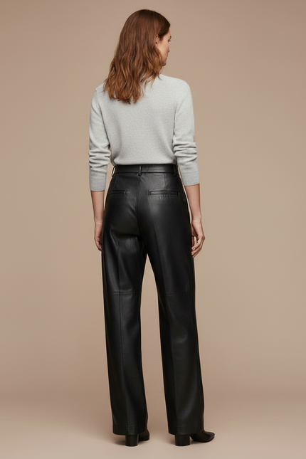 Pantalon À Pince Noir Cuir Ample Droit Femme - vue 2