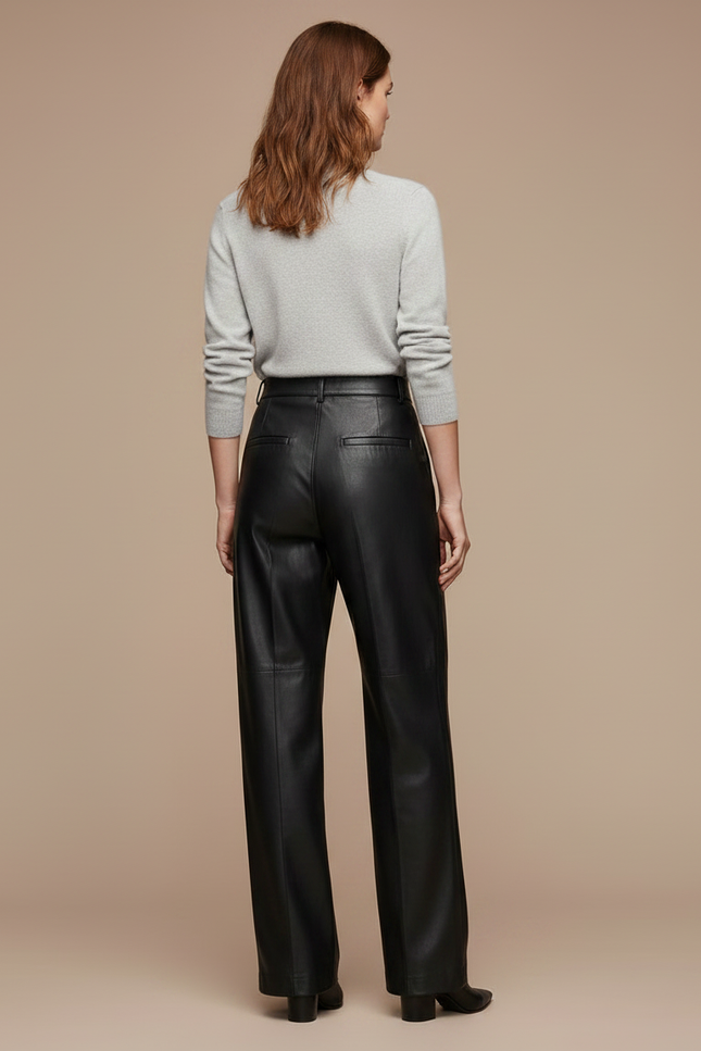 Pantalon À Pince Noir Cuir Ample Droit Femme - vue 2