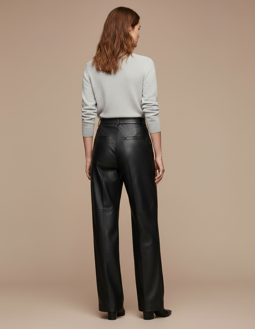 Pantalon À Pince Noir Cuir Ample Droit Femme - vue 2