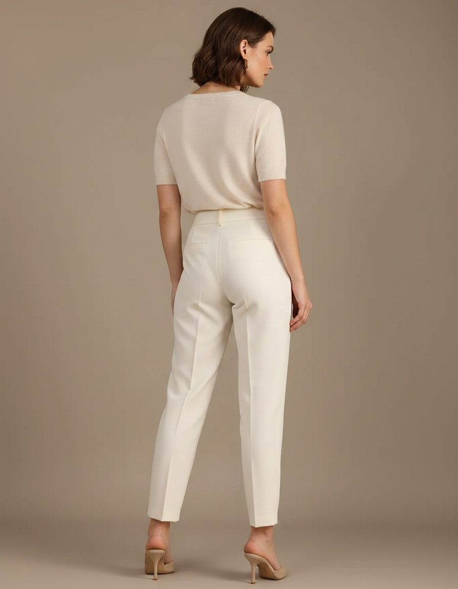 Pantalon À Pince Crème Plissé Droit Femme Élégant - Beige Gabardine - vue 2