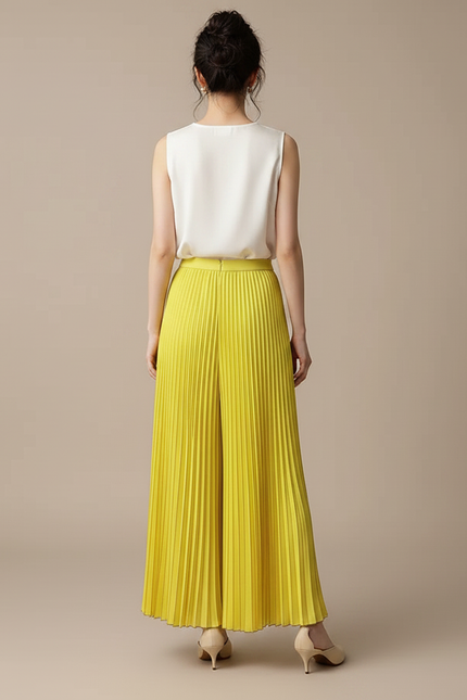 Pantalon À Pince Jaune Plissé Fluide Ample Élégant - Polyester - vue 2