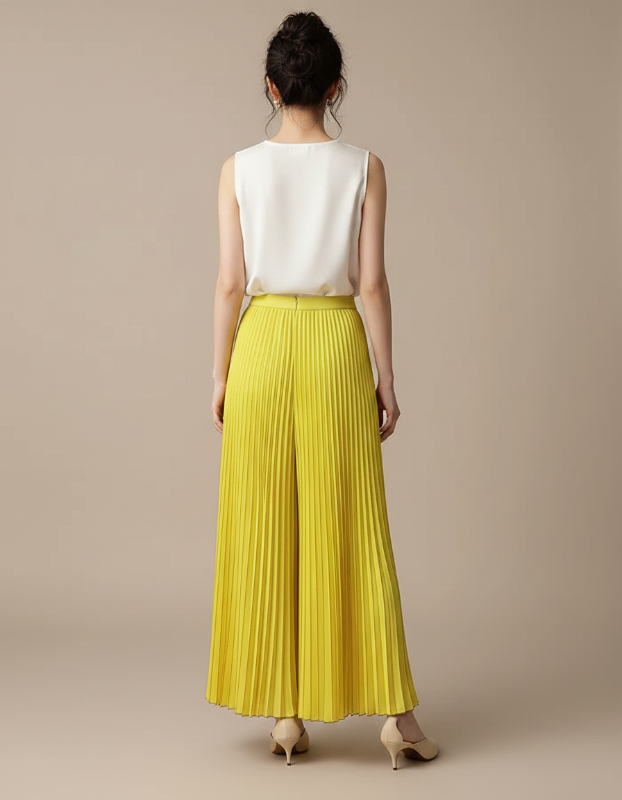 Pantalon À Pince Jaune Plissé Fluide Ample Élégant - Polyester - vue 2