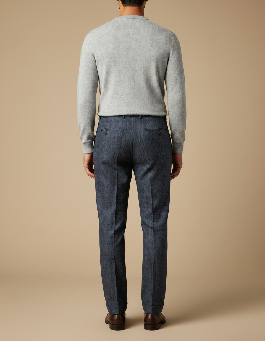 Pantalon À Pince Bleu Marine Plissé Motif Discret Homme - Laine - vue 2