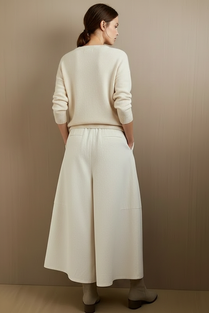 Pantalon À Pince Écru Ample Côtelé Décontracté Femme - Beige Cordé - vue 2