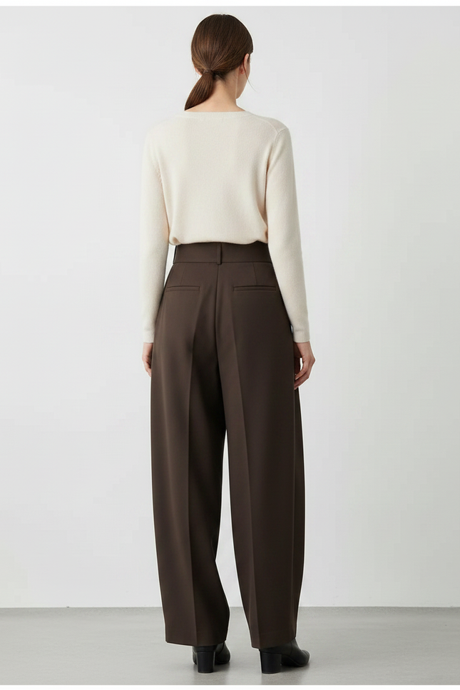 Pantalon À Pince Marron Ample Plissé Taille Haute - Gabardine - vue 2
