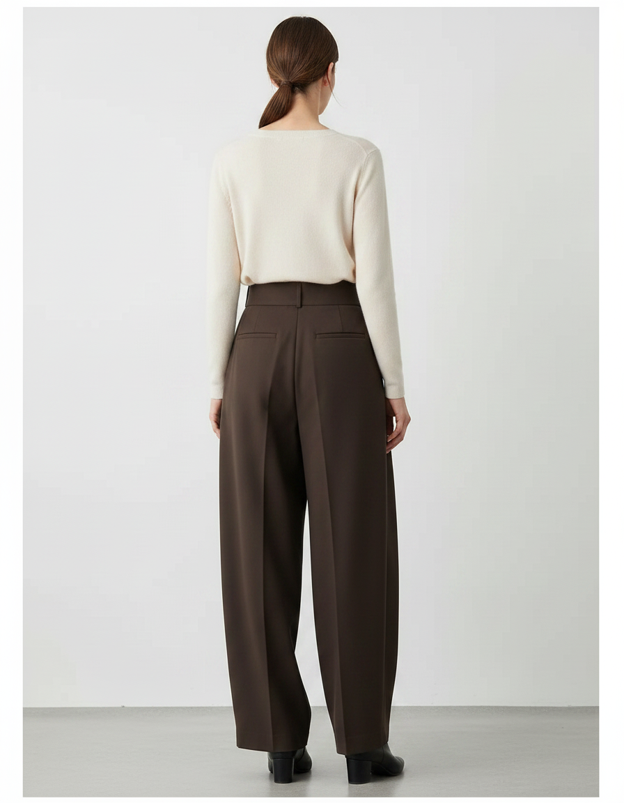 Pantalon À Pince Marron Ample Plissé Taille Haute - Gabardine - vue 2