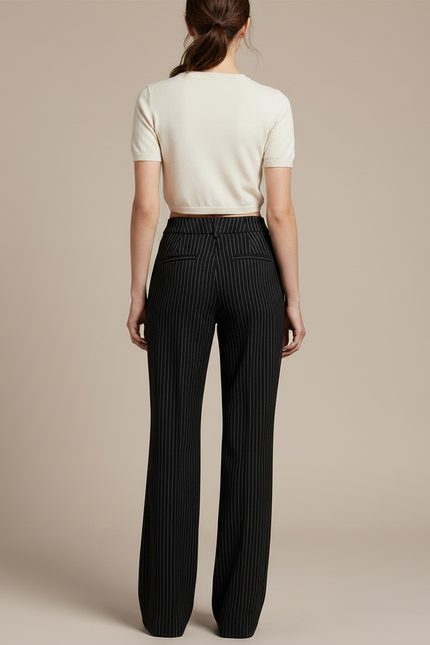Pantalon À Pince Noir Rayé Ample Élégant Décontracté - Laine - vue 2