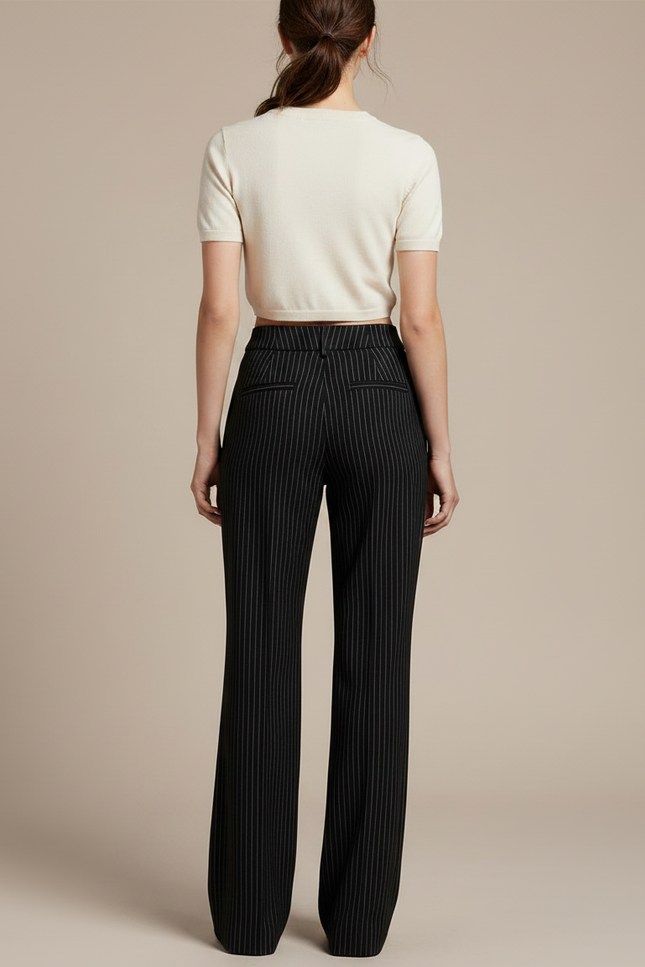 Pantalon À Pince Noir Rayé Ample Élégant Décontracté - Laine - vue 2
