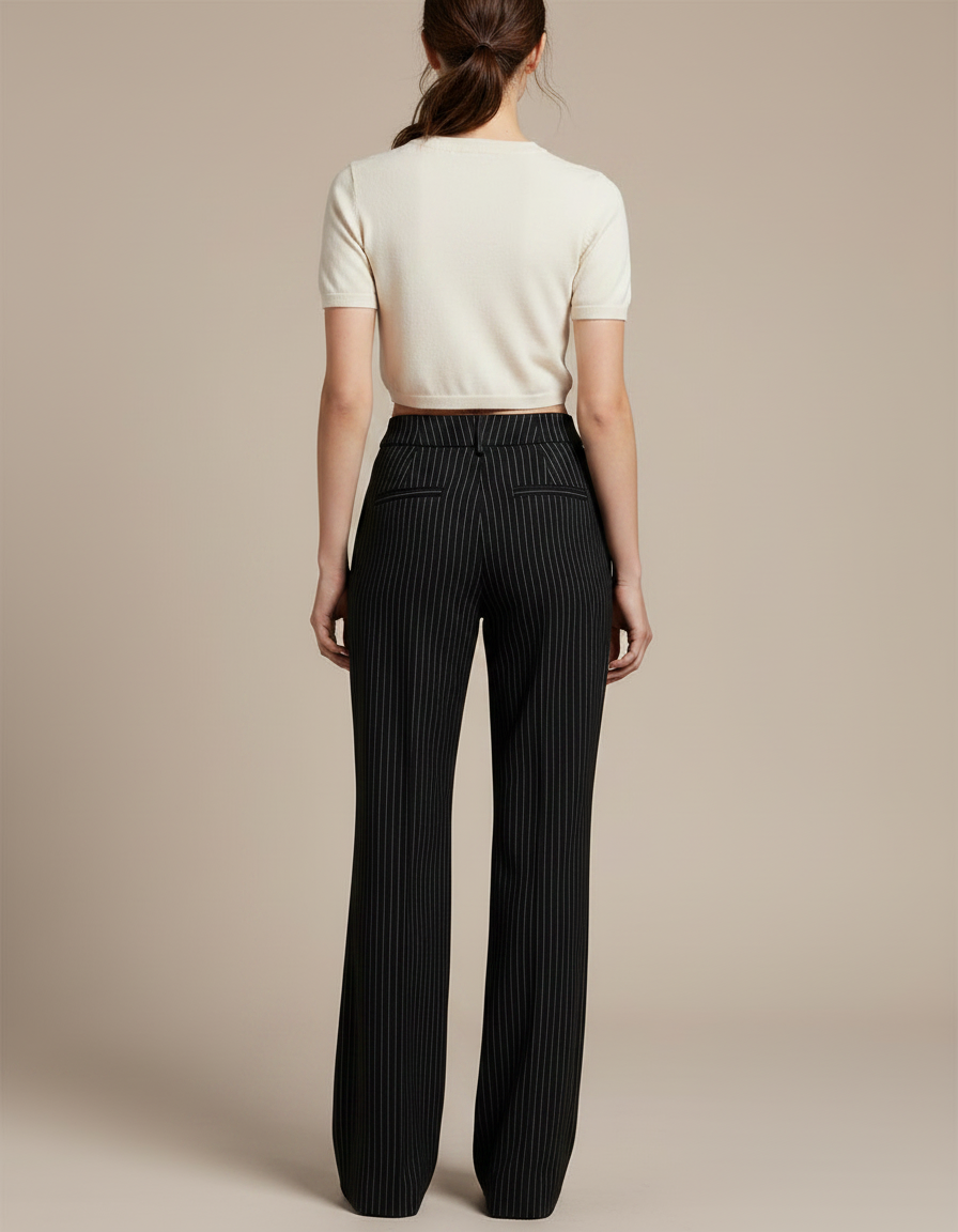 Pantalon À Pince Noir Rayé Ample Élégant Décontracté - Laine - vue 2
