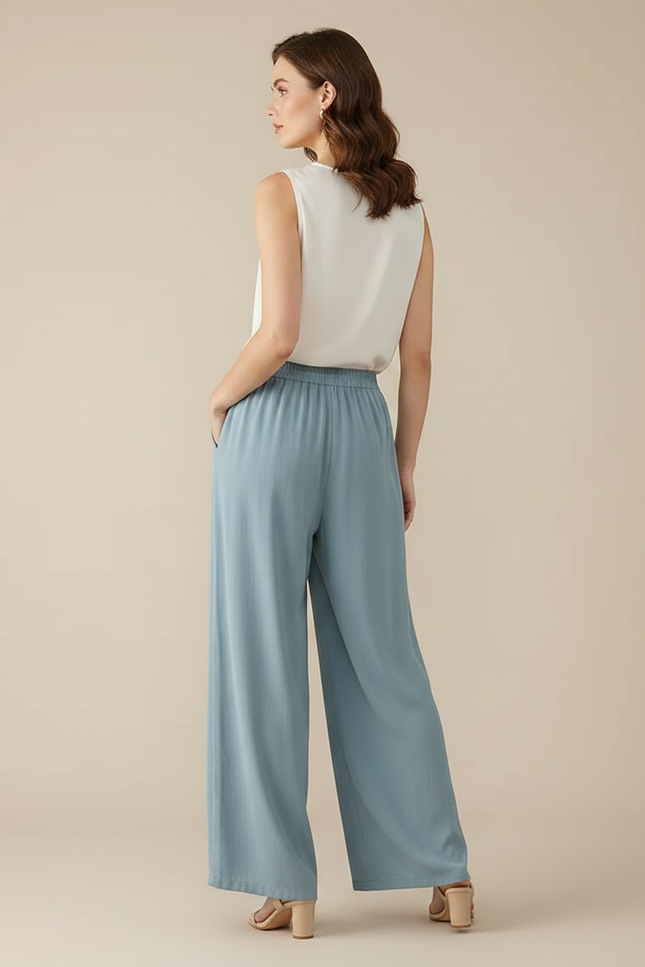 Pantalon À Pince Bleu Ciel Fluide Plissé Femme Décontracté - Viscose - vue 2