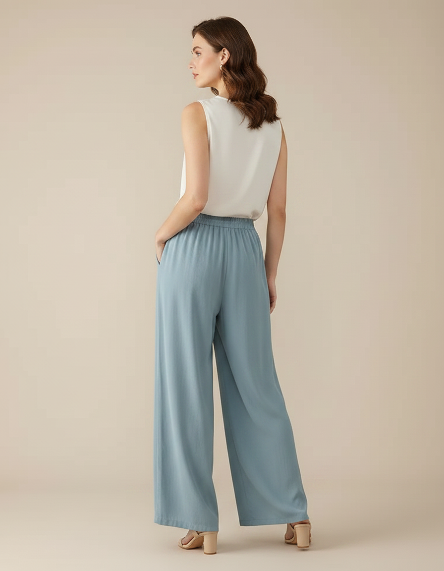 Pantalon À Pince Bleu Ciel Fluide Plissé Femme Décontracté - Viscose - vue 2