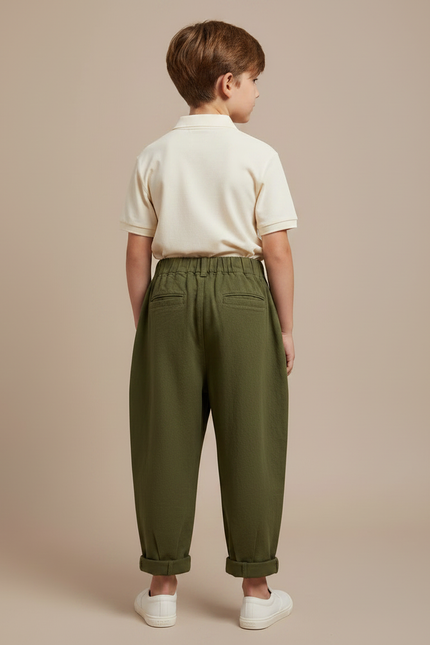 Pantalon À Pince Vert Ample Coton Enfant Décontracté - Kaki - vue 2