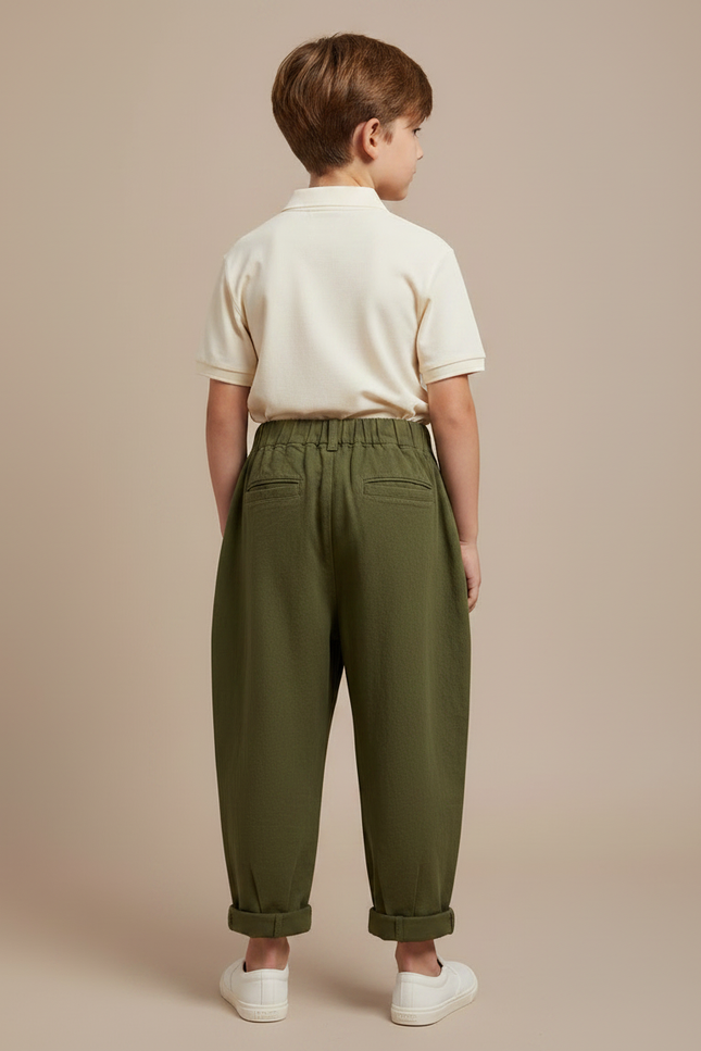 Pantalon À Pince Vert Ample Coton Enfant Décontracté - Kaki - vue 2