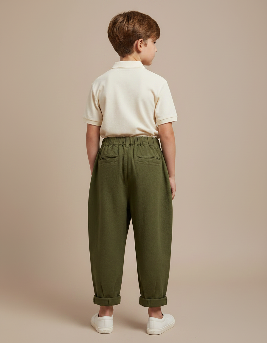 Pantalon À Pince Vert Ample Coton Enfant Décontracté - Kaki - vue 2