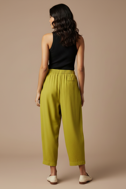 Pantalon À Pince Kaki Ample Plissé Taille Haute Femme - Lin - vue 2