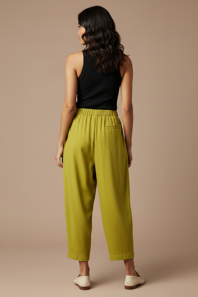 Pantalon À Pince Kaki Ample Plissé Taille Haute Femme - Lin - vue 2