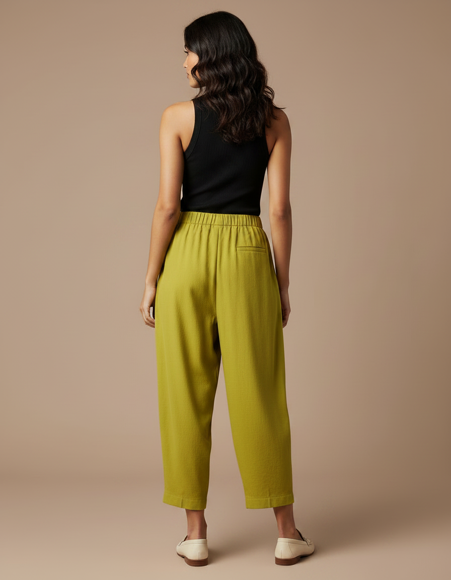 Pantalon À Pince Kaki Ample Plissé Taille Haute Femme - Lin - vue 2