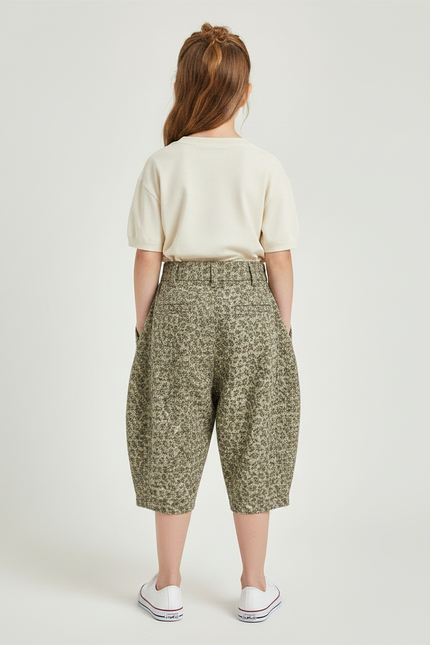 Pantalon À Pince Fleuri Ample Coton Enfant Fille - Kaki - vue 2