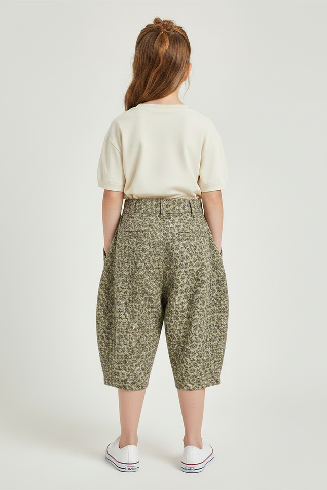 Pantalon À Pince Fleuri Ample Coton Enfant Fille - Kaki - vue 2
