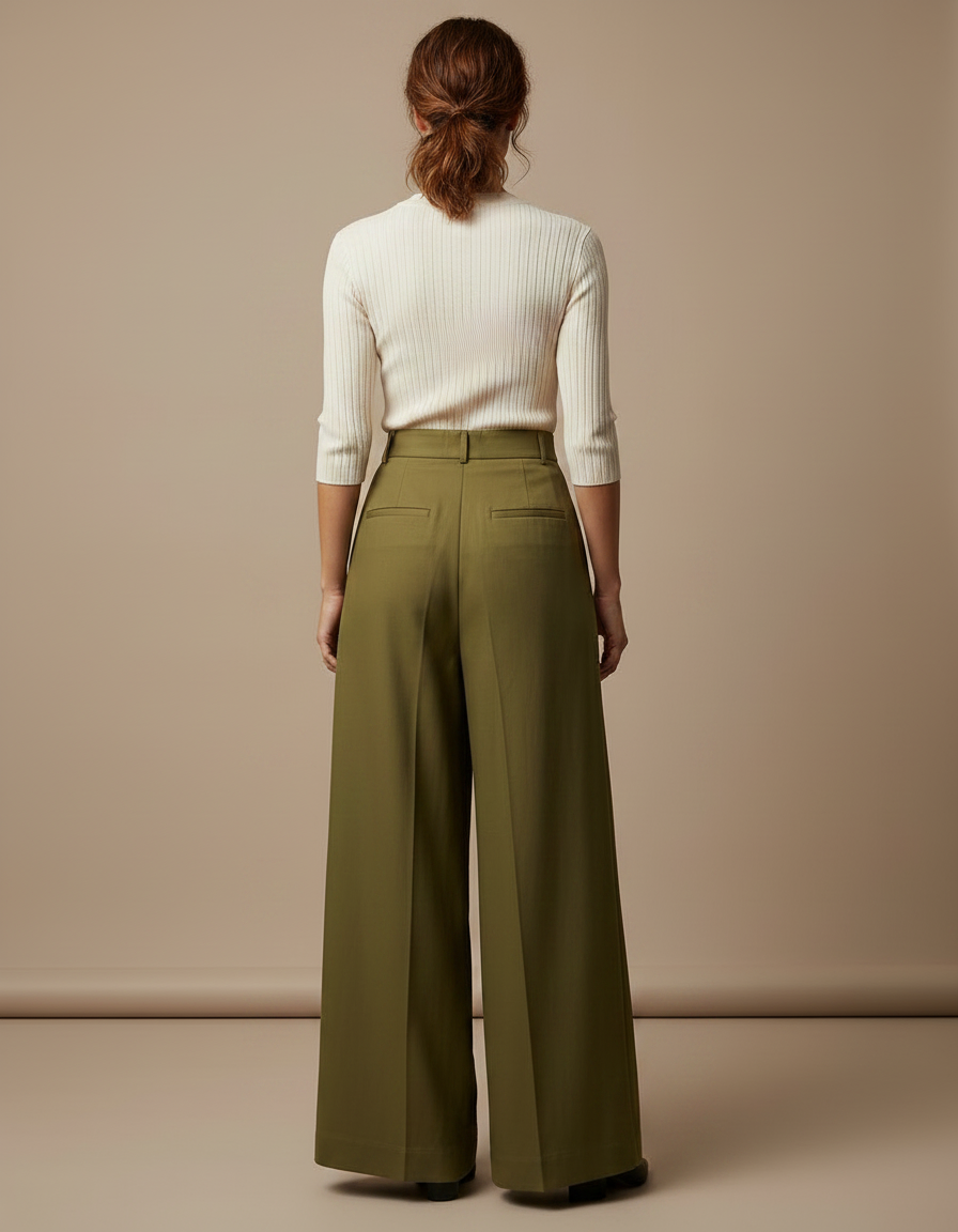 Pantalon À Pince Kaki Ample Fluide Élégant Femme - Gabardine - vue 2