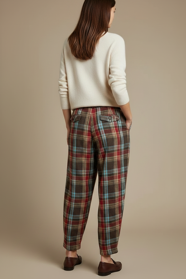 Pantalon À Pince Plaid Écossais Ample Décontracté Taille Haute - Multicolore Laine - vue 2
