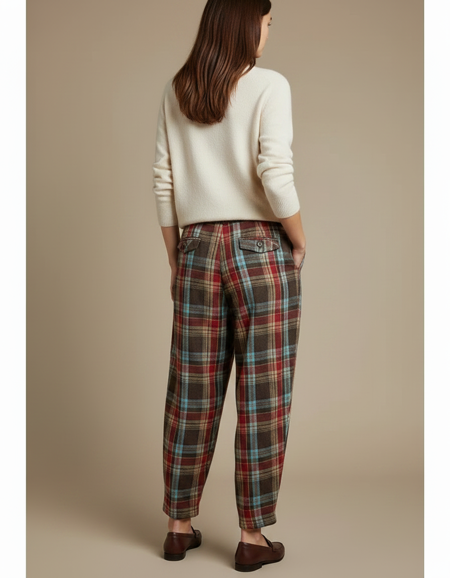 Pantalon À Pince Plaid Écossais Ample Décontracté Taille Haute - Multicolore Laine - vue 2