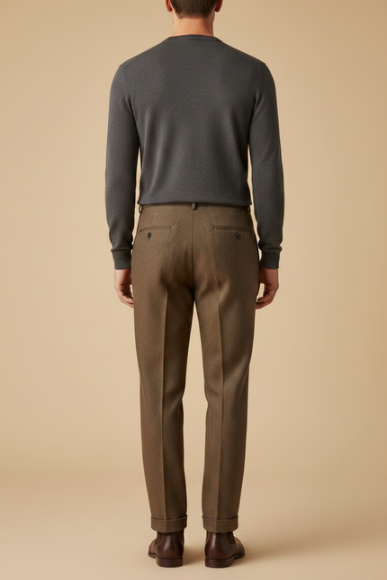 Pantalon À Pince Marron Tweed Plissé Ample Homme - vue 2
